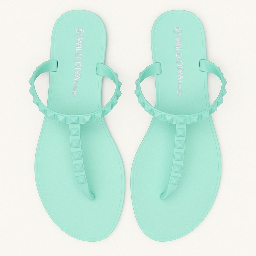 New 6 Fashion Nova‎ Mint Green Studded T-Strap Matte Slide Sandals Pastel Flats